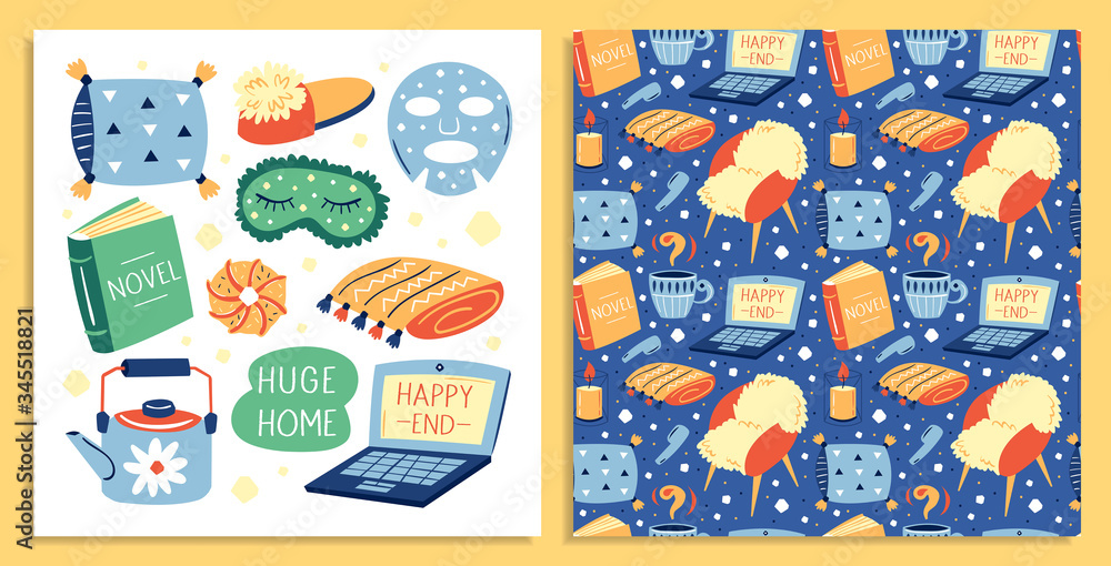 Set of different cute lifestyle items on postcard. My house my rules. Laptop. slippers, pillow. Cosy home. Little red armchair. Flat colourful vector illustration icon isolated on yellow background. Set of different cute lifestyle items on postcard. My house my rules. Laptop. slippers, pillow. Cosy home. Little red armchair. Flat colourful vector illustration icon isolated on yellow background.