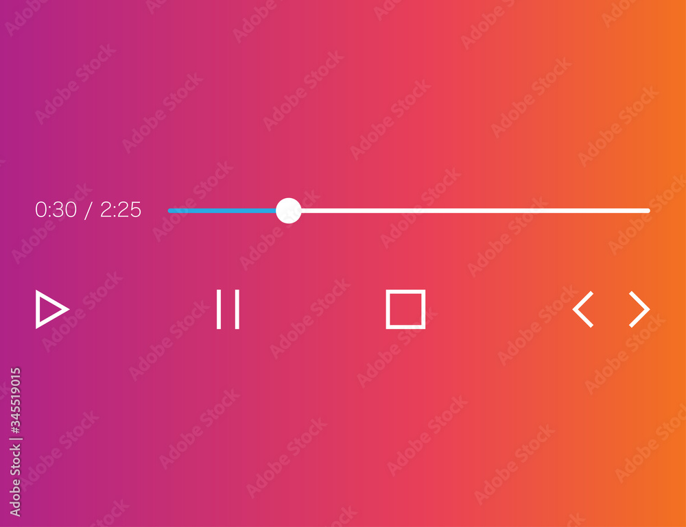 Vecteur Stock Audio player mockup in gradient background and flat icons.  Music interface with play, pause, stop, next and previous icons. Sound ui  bar template with radio button for listening mp3 music.