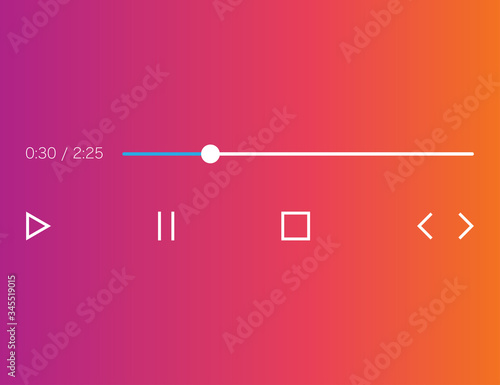 Audio player mockup in gradient background and flat icons. Music interface with play, pause, stop, next and previous icons. Sound ui bar template with radio button for listening mp3 music. Vector EPS photo