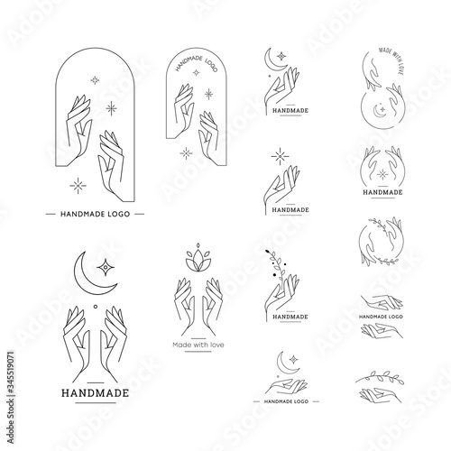 Set of logos for business in the industry of beauty, health, personal hygiene. Beautiful picture of hands. Logo of a beauty salon, health industry, makeup artist, cosmetologist, massage therapist.