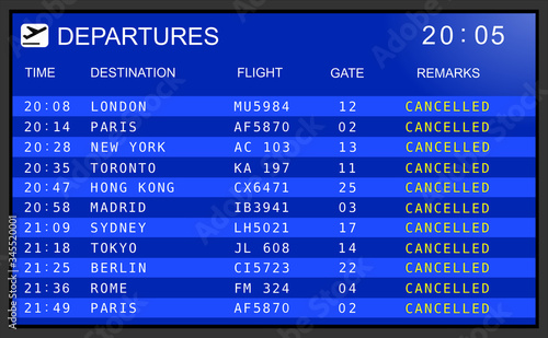 Flight departures board. Cancelled flights photo