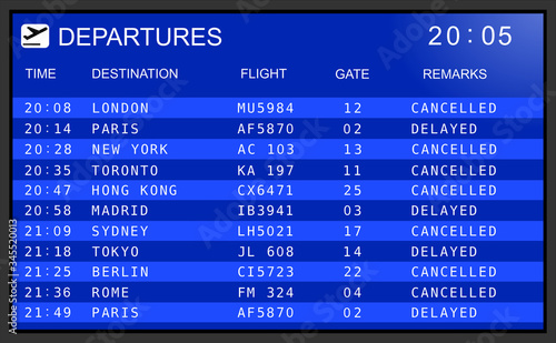 Blue flight information display system in international airport, cancelled and delayed flights photo