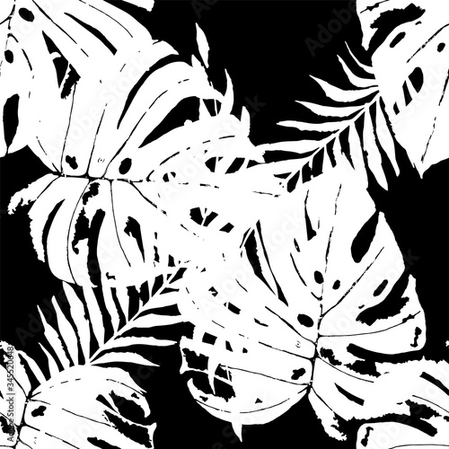 Monochrome Leaf Painting Vector Seamless Pattern. 