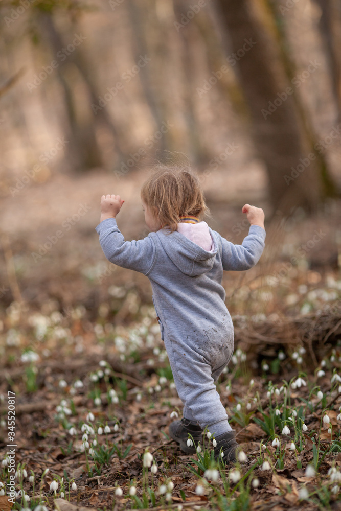 Little pretty girl in a clearing of snowdrops. A child walks in the spring forest. Little pretty girl in a clearing of snowdrops. A child walks in the spring forest.