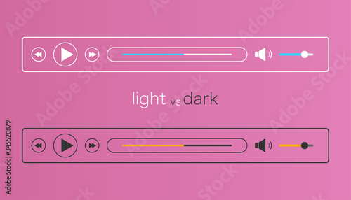 Audio player mockup in light and dark mode. Media controller interface. Template for music ui. Web layout in simple linear flat design. Audioplayer bar with play, next and sound icons. Vector EPS 10.