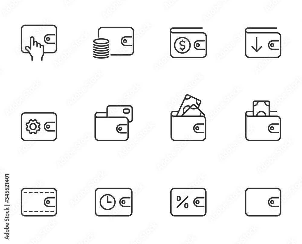 Wallet line vector icons isolated on white. Wallet commercial business linear icon set for web, mobile apps, ui design. Business and finance design concept Wallet line vector icons isolated on white. Wallet commercial business linear icon set for web, mobile apps, ui design. Business and finance design concept