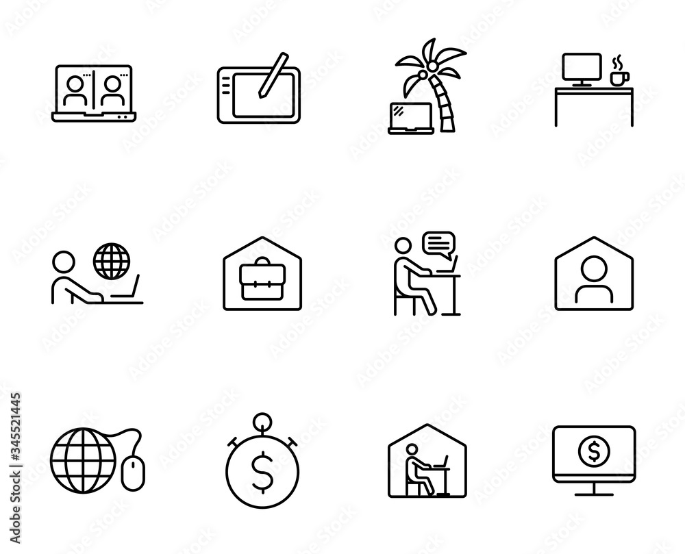 Remote work linear vector icons isolated on white. Work at home because of the covid-19 coronavirus pandemic. Outline icon set for web, mobile apps, ui design. Stay home stay safe Remote work linear vector icons isolated on white. Work at home because of the covid-19 coronavirus pandemic. Outline icon set for web, mobile apps, ui design. Stay home stay safe