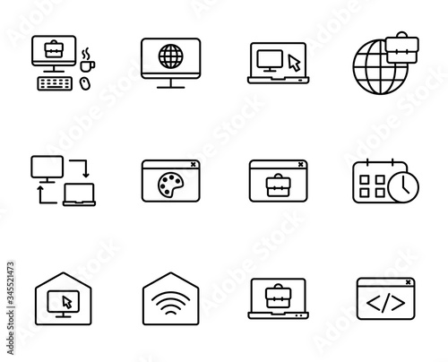 Remote work outline vector icons isolated on white background. Work at home because of 2019-ncov coronavirus pandemic. Line icon set for web, mobile apps, ui design. Stay at home, work at home icons