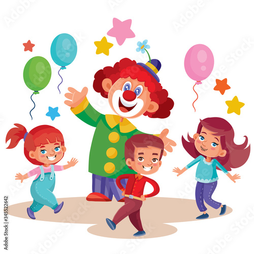 childrens holiday with clown children with balloons, isolated object on a white background, vector illustration,