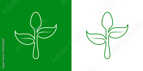 Símbolo de comida vegana. Icono plano lineal silueta de cuchara con hojas en fondo verde y fondo blanco