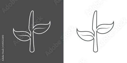 Símbolo de comida vegana. Icono plano lineal silueta de cuchillo con hojas en fondo gris y fondo blanco