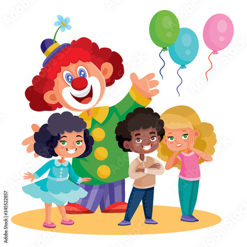 childrens holiday with clown children with balloons, isolated object on a white background, vector illustration,