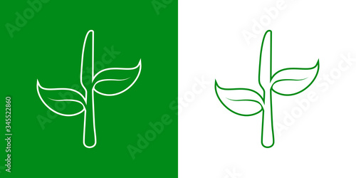 Símbolo de comida vegana. Icono plano lineal silueta de cuchillo con hojas en fondo verde y fondo blanco