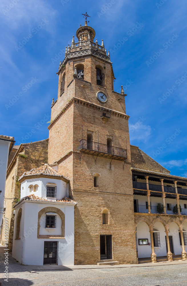Tower of the historic Santa Maria La Mayor church in Ronda, Spain