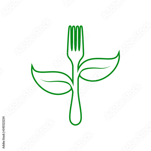 Símbolo de comida vegana. Icono plano lineal silueta de tenedor con hojas en color verde