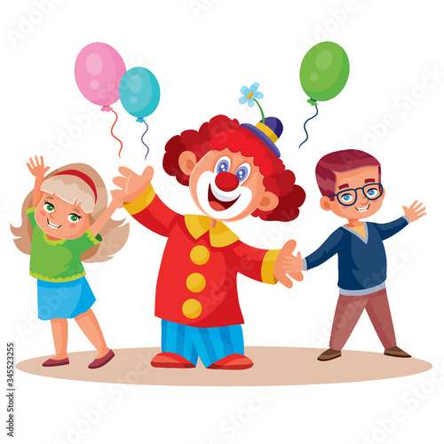 childrens holiday with clown children with balloons, isolated object on a white background, vector illustration,