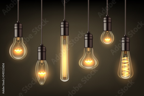 Glow realistic lamps. Incandescent light hang bulb wire vector illustrations set. Light bulb incandescent, lamp electricity hanging