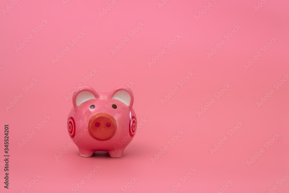 Pink piggy bank on pastel pink background, Financial concepts.