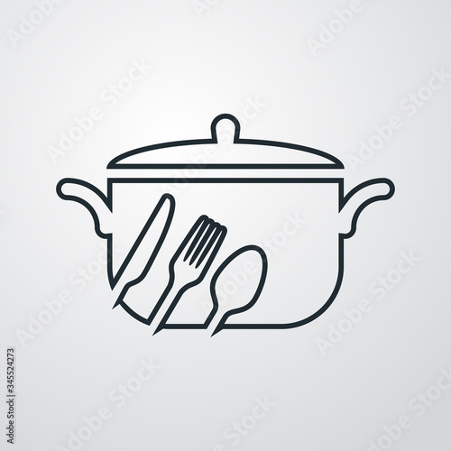 Símbolo restaurante. Icono plano lineal cacerola con tapa con cubiertos en fondo gris