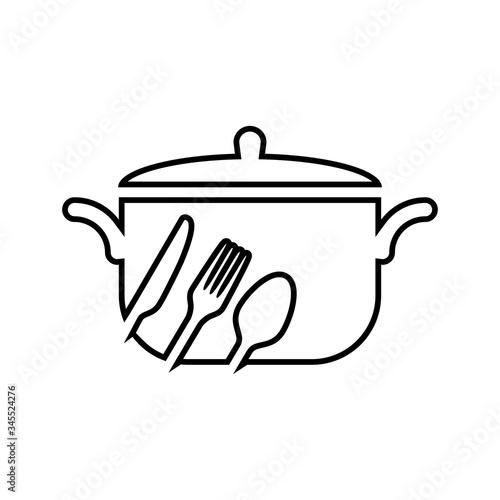 Símbolo restaurante. Icono plano lineal cacerola con tapa con cubiertos en color negro