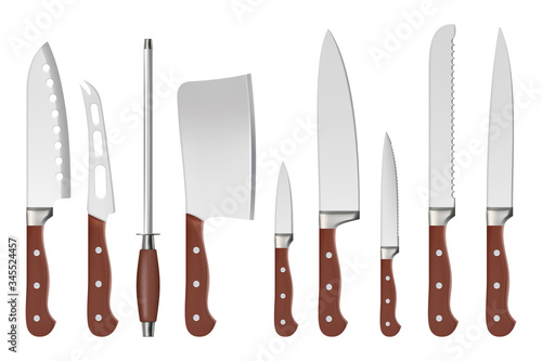 Knives. Butcher professional sharp handle knives kitchenware restaurant accessories for cook vector closeup isolated pictures. Illustration kitchenware for butcher, knife tool