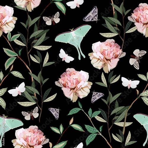Seamless vector pattern with night butterflies and moths among the bushes with branches and inflorescences of pink roses on a black background. Floral repeating square tamplate for fabric