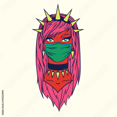 Stylish american girl in spiked bezel wearing medical mask. Coronavirus pandemic in USA. Bright colored vector illustration of masked subcultural girl in hand-drawn style isolated on light background.