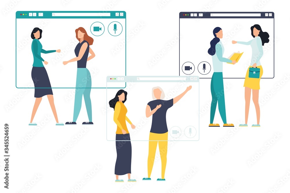 Group video call, virtual window frames, a diverse group of young characters gathering together online Group video call, virtual window frames, a diverse group of young characters gathering together online