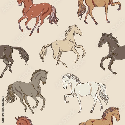Galloping  trotting and walking horses of different colors on a light beige  cream background. Seamless vector patten with running animals. Square repeating template for fabric and wallpaper