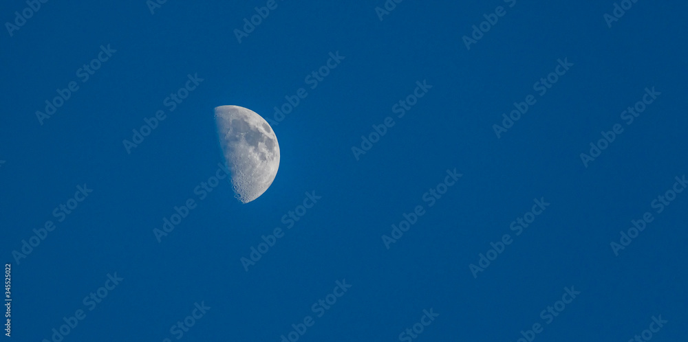 Half of the Earth's satellite (half of the moon) against a blue spring sky Half of the Earth's satellite (half of the moon) against a blue spring sky