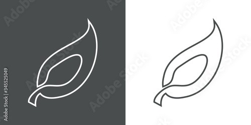 Símbolo de comida vegana. Icono plano lineal silueta de cuchara en hoja en fondo gris y fondo blanco