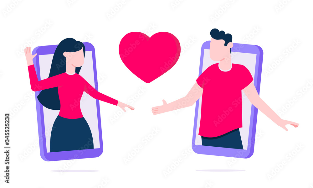 Online dating app concept flat style design vector illustration isolated on white background. Man and woman couple talking in big smart phones romantic application. Love and relationship composition. Online dating app concept flat style design vector illustration isolated on white background. Man and woman couple talking in big smart phones romantic application. Love and relationship composition.