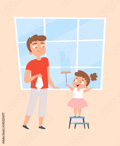 Happy cleaning. Girl washing windows. Family cleaning, householding. Father and daughter clean glass vector illustration. Daughter and father clean window in house