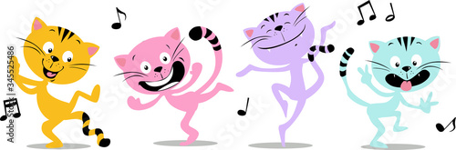 Dancing Cat and Music - Funny Vector Flat Design Illustration Isolated on White