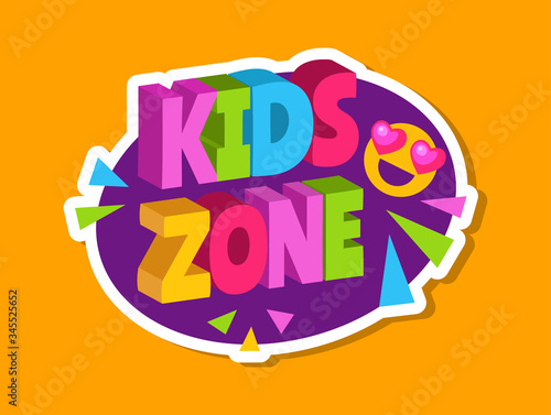 Kids zone sticker. 3d letters logo for children playroom. Baby playing area sign with cute smile vector illustration. Playroom area label, game play zone kindergarten