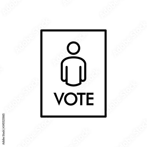 Símbolo votación. Icono plano lineal palabra VOTE en cuadrado con silueta de hombre en color negro