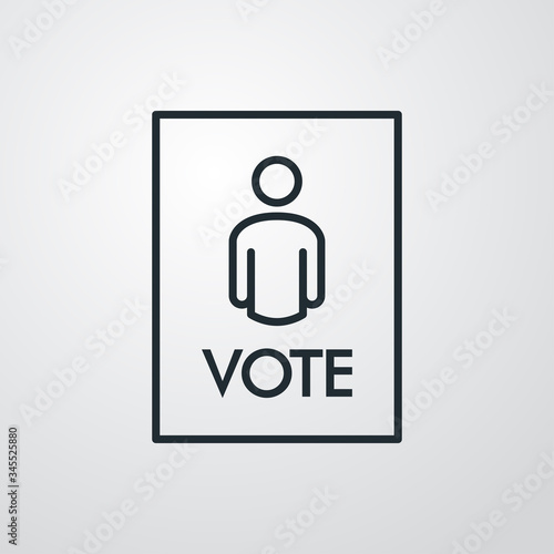 Símbolo votación. Icono plano lineal palabra VOTE en cuadrado con silueta de hombre en fondo gris