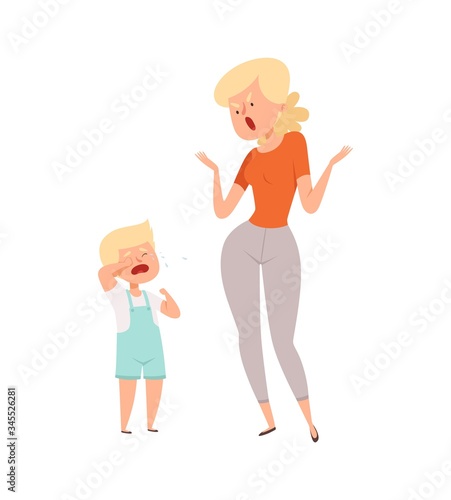 Screaming mother. Little boy cry. Violence and pressure, parents abusing. Woman punish son, isolated angry woman and sad toddler vector illustration. Domestic bullying, behavior parent and little boy