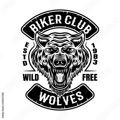 Biker club vector patch or emblem with wolf head