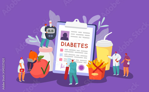 Diabetes control glucose healthcare concept, vector illustration. Doctor character diagnosis care, diabetic diet disease without sugar and healthy nutrition. Glucometer and insulin injection.