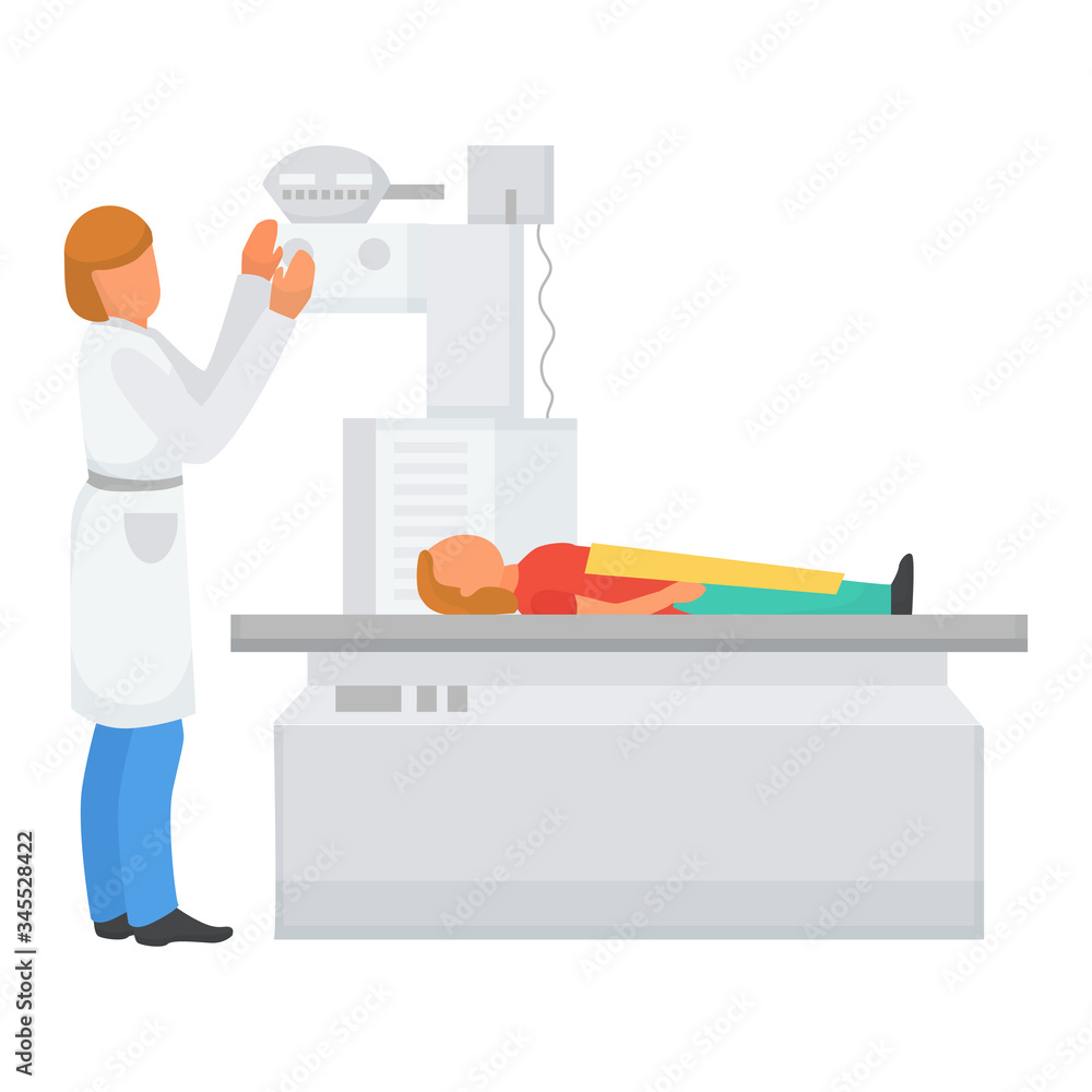 Doctor give x-ray to child patient in clinic, vector illustration. Diagnostic care about disease, cure with equipment, banner. cartoon health care, diagnosis help at flat hospital.