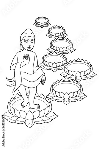 The Lord of Buddha was born, walking on lotus flowers 7 steps. Vector line art illustration.