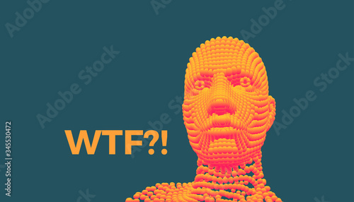 WTF? 3D vector illustration. Abstract digital human head. Can be used as a poster, postcard or banner.