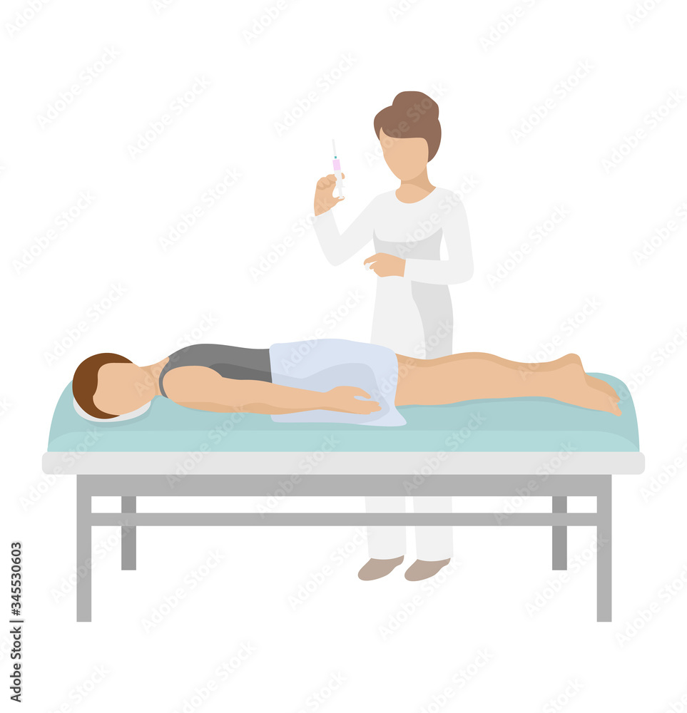 Doctor give shot to character patient on bed, vector illustration. Medical healthcare in cartoon hospital concept, people health by medicine injection. Woman nurse action to man person. Doctor give shot to character patient on bed, vector illustration. Medical healthcare in cartoon hospital concept, people health by medicine injection. Woman nurse action to man person.