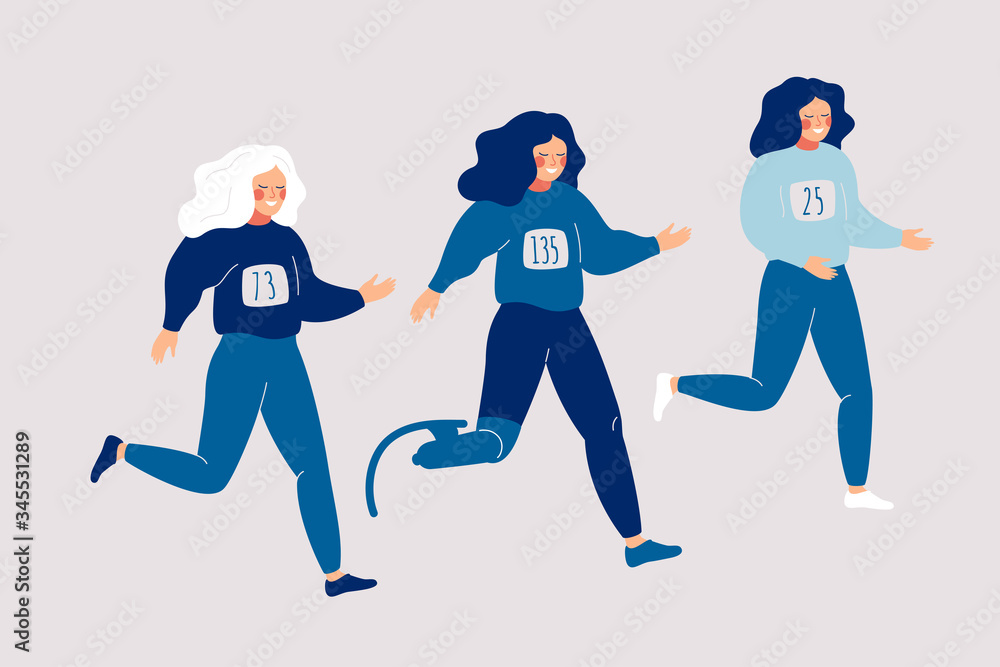 Disabled Woman prosthetic leg is running with others with sportswomen a marathon. People with disabilities and healthy lifestyle concept. Vector illustration.
