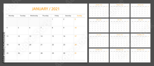 Calendar 2021 week start Monday corporate design planner template.