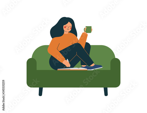 Happy girl goes through her datebook in the morning and plans her day. A smiling woman is sitting on the couch, reading a book, and drinking coffee at home. Vector illustration in flat style.