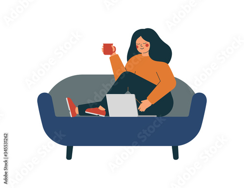 Young woman is working at the laptop and having coffee time. Girl is sitting on the couch at home and using a computer. Vector illustration in flat style.