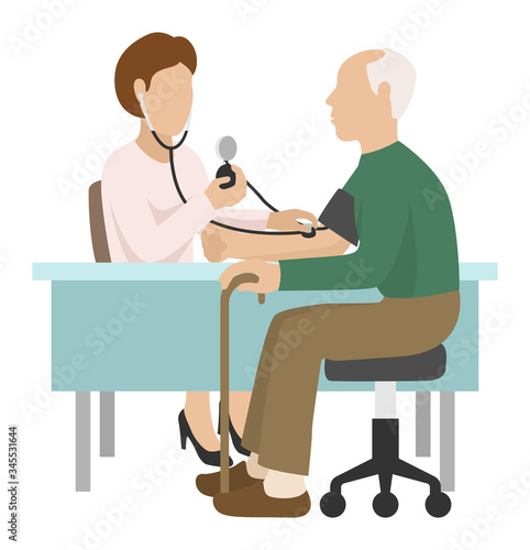 Elderly patient medical care in hospital, vector illustration. doctor character take old senior man blood pressure in clinic. woman nurse check health by medicine measurement equipment.