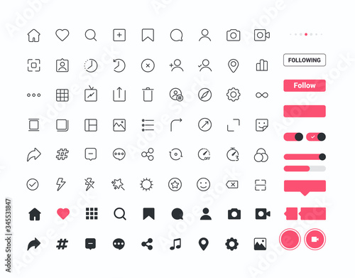 Set of 72 Social media icons and Ui elements, thin line style, Vector illustration